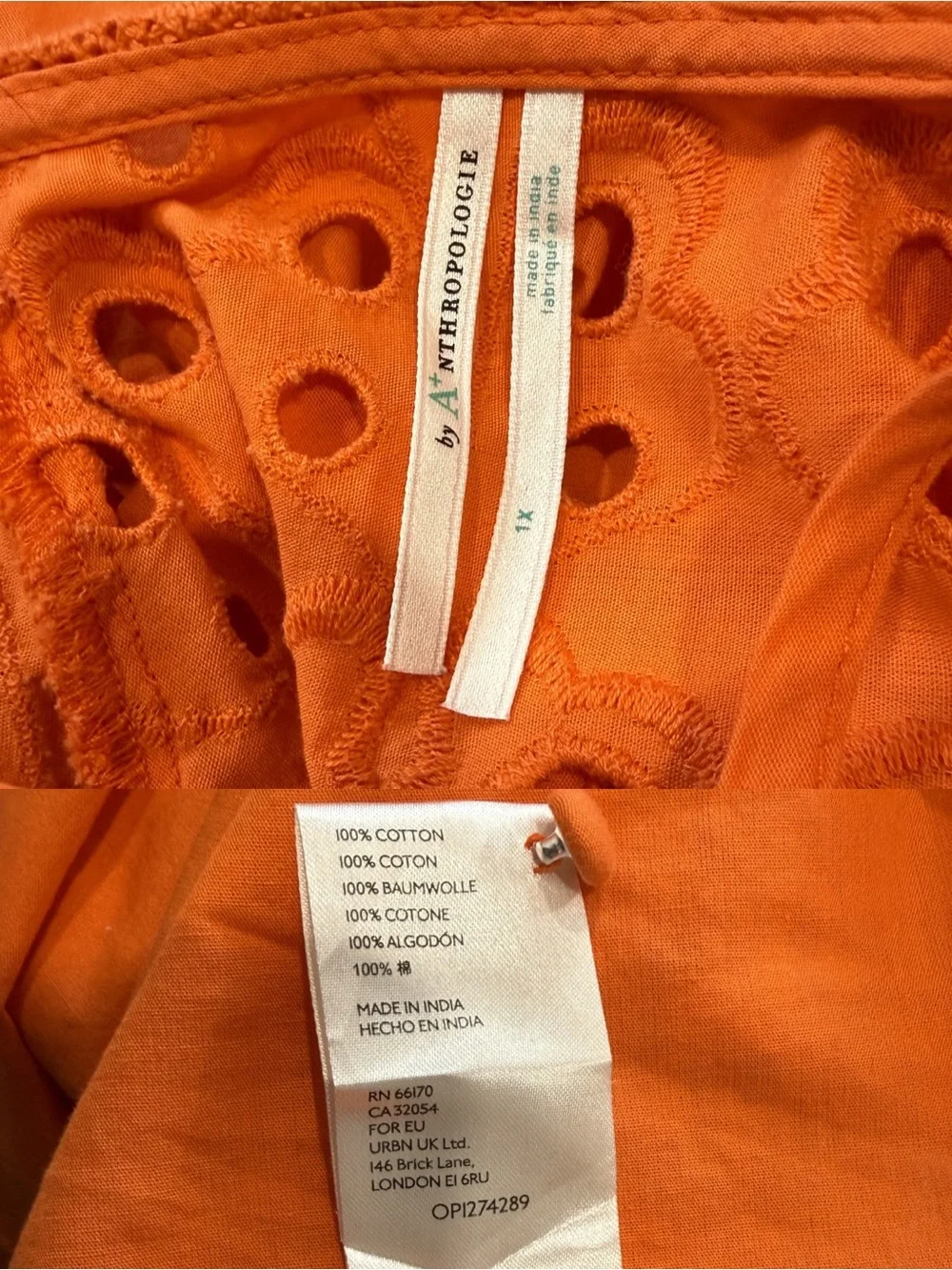 Anthropologie Orange Eyelet Peasant Blouse Size 1X Boho Cotton - Picture 10 of 10